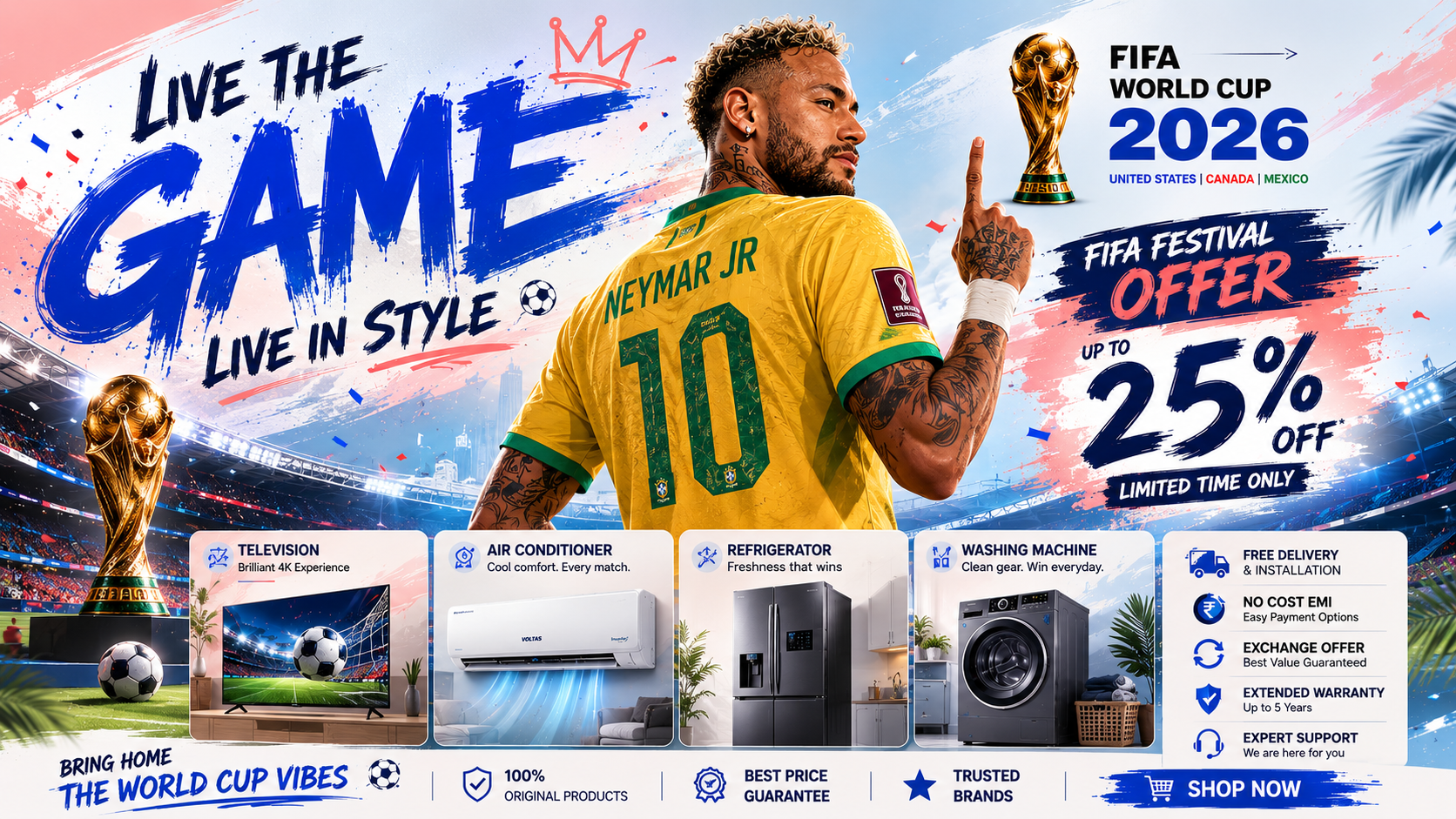 FIFA World Cup appliance festival offer with television, air conditioner, refrigerator, and washing machine deals.
